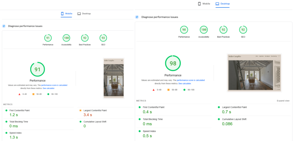 Atelier Campilho home page score on April 2023 according to Google Pagespeed Insights.