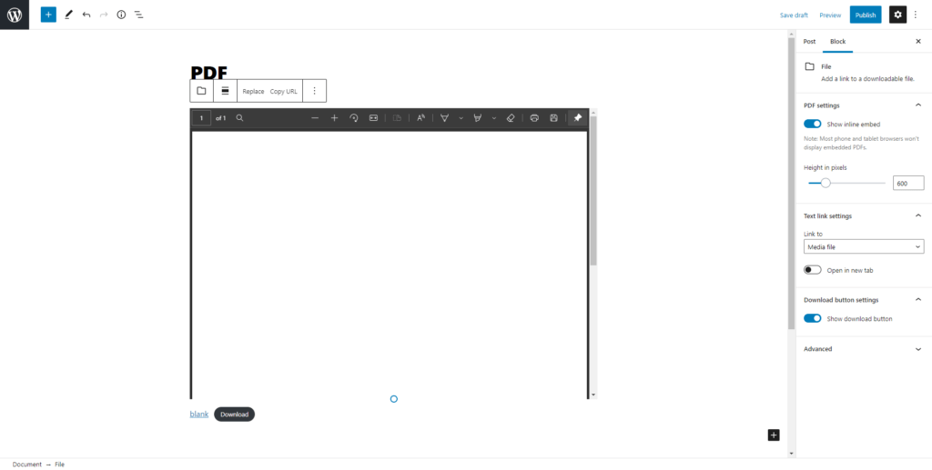 Wordpress - File Block - Showing a blank PDF
