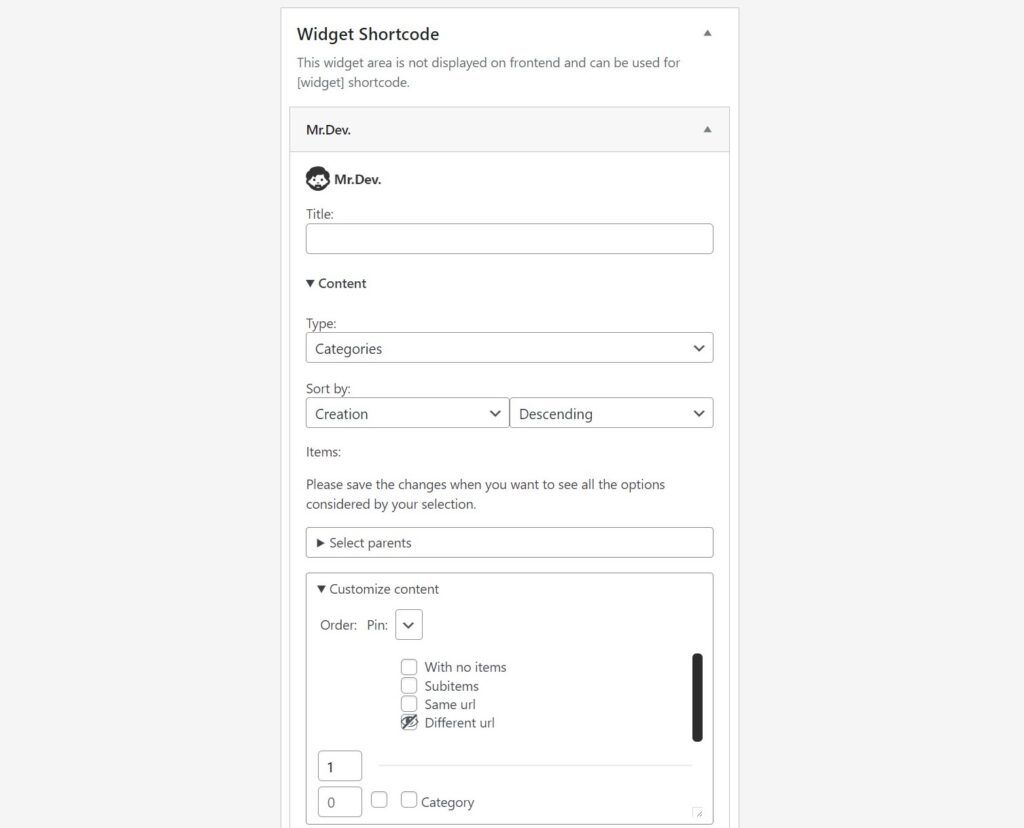 Mr.Dev.'s widget backend showing category selected as content