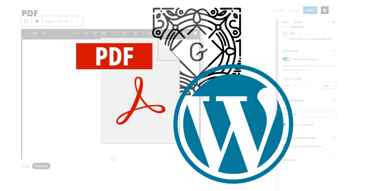 PDF, Wordpress and Gutenberg logos