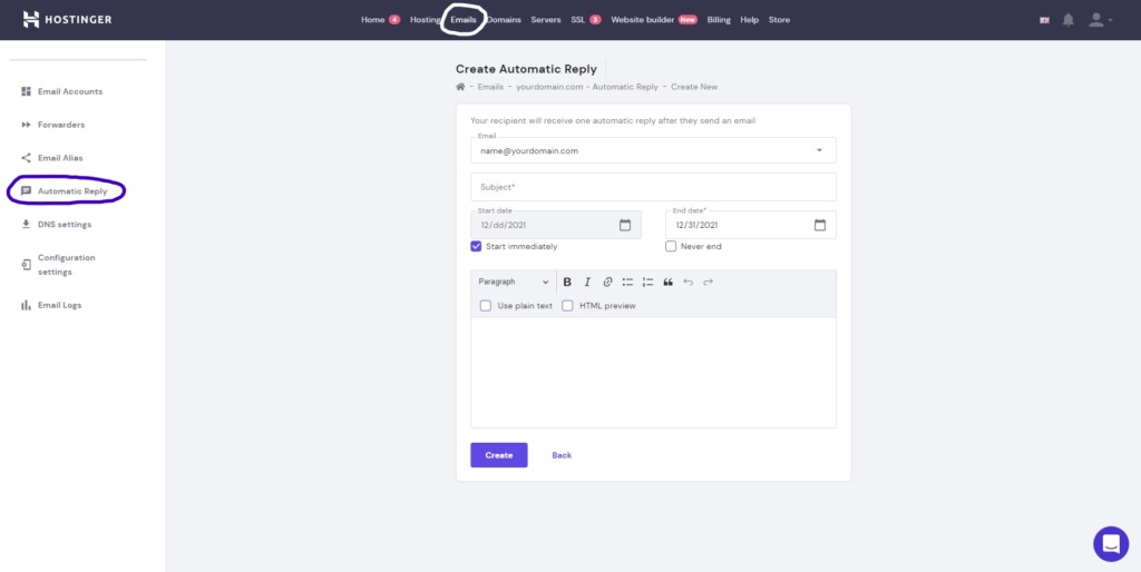 Autoreply hostinger panel