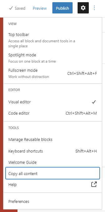 Block editor - Copy all content - Option location
