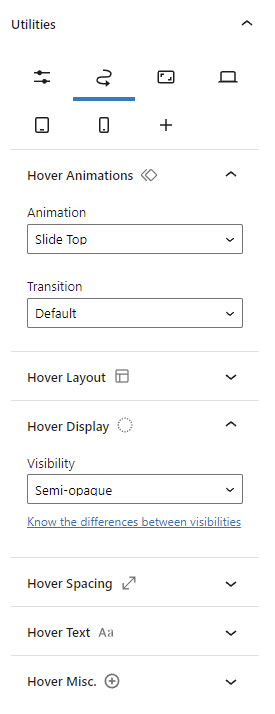 Mr.Utils interface on block editor showing mouseover options