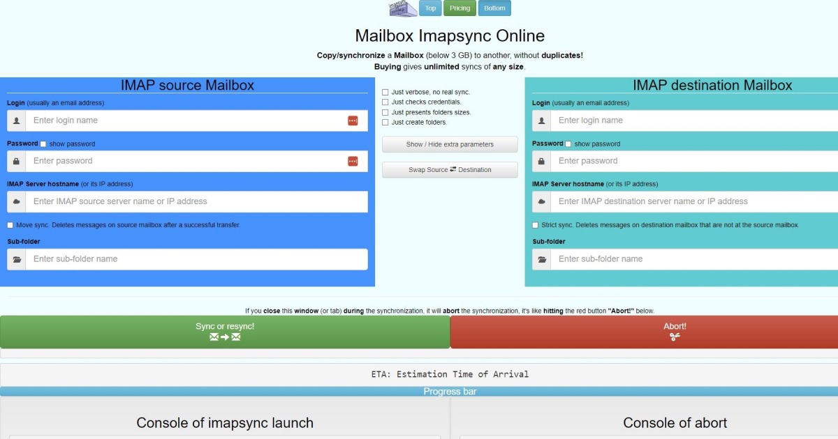 Transfer emails with Mailbox Imapsync Online